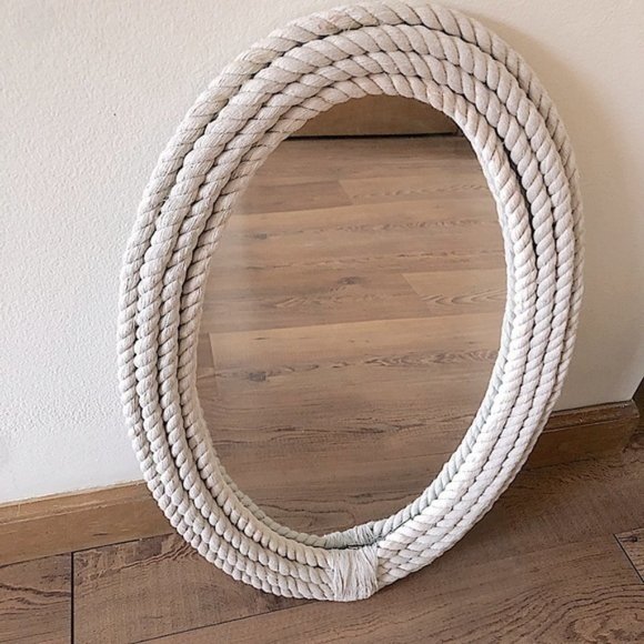 Oval Hanging Mirror Nautical Rope Beach Wall Decor Tan - Picture 6 of 7